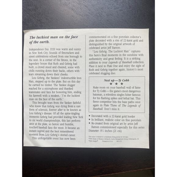 DELPHI LOU GEHRIG THE LUCKIEST MAN LARGE 8" PLATE BRADFORD EXCHANGE - Picture 5 of 7